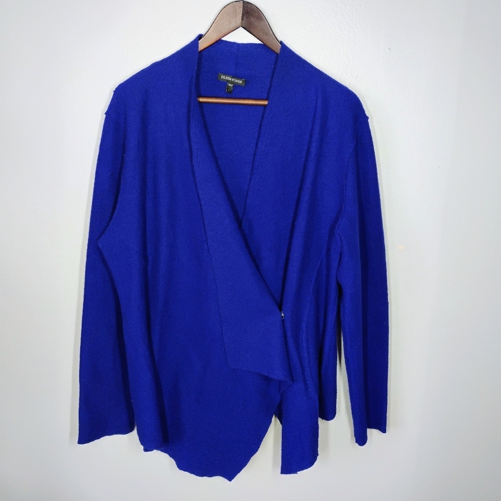 Eileen Fisher Merino‎ Wool Sweater Jacket Deep Blue Contemporary Womens Large